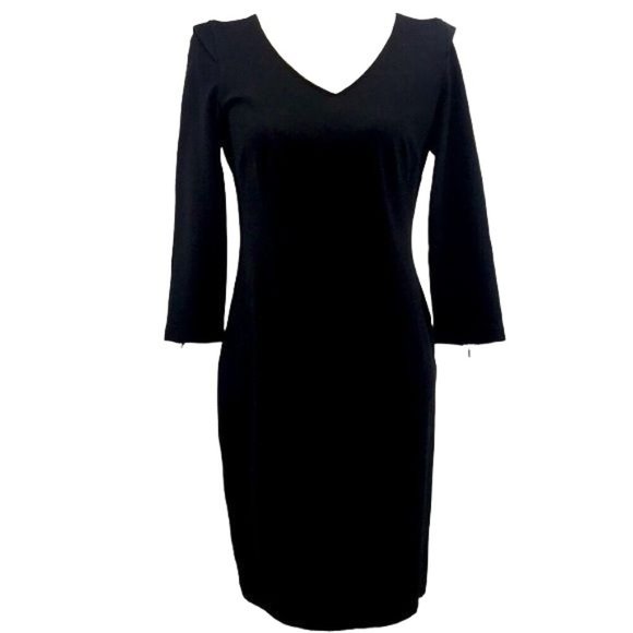 Kenar Black V-Neck Sheath Dress Zip Details 3/4 Sleeve size 4 Stretch Date Night - Picture 2 of 9